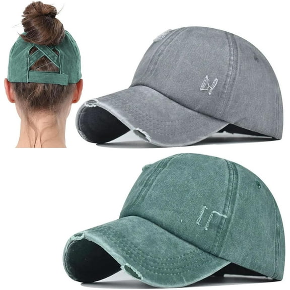 2 Packs Womens Ponytail Criss Cross Hat Baseball Cap Distressed Ponytail Hat High Messy Bun Trucker Ponycap