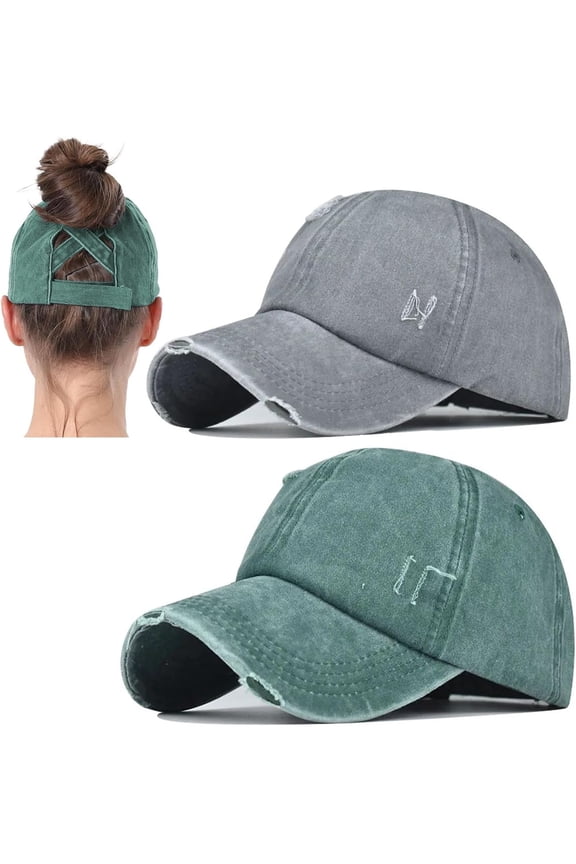 2 Packs Womens Ponytail Criss Cross Hat Baseball Cap Distressed Ponytail Hat High Messy Bun Trucker Ponycap