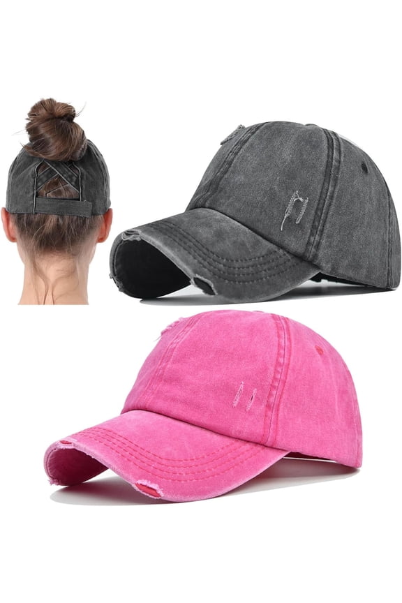 2 Packs Womens Ponytail Criss Cross Hat Baseball Cap Distressed Ponytail Hat High Messy Bun Trucker Ponycap