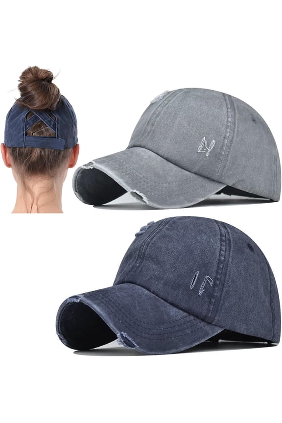 2 Packs Womens Ponytail Criss Cross Hat Baseball Cap Distressed Ponytail Hat High Messy Bun Trucker Ponycap