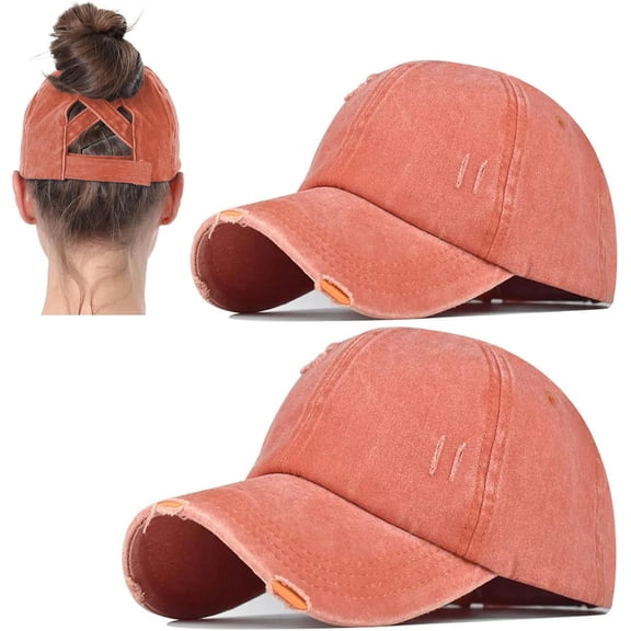 2 Packs Womens Ponytail Criss Cross Hat Baseball Cap Distressed Ponytail Hat High Messy Bun Trucker Ponycap