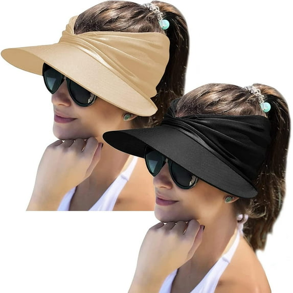 2 Packs Womens Sun Visor Hat Wide Brim Summer UPF 50+ UV Protection Beach Sport Cap