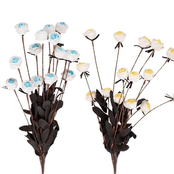 2 Packs of Artificial Roses.Little Rose Plastic Flowers for Home Wedding Christmas Office Decorations. -Yellow core+sky blue core