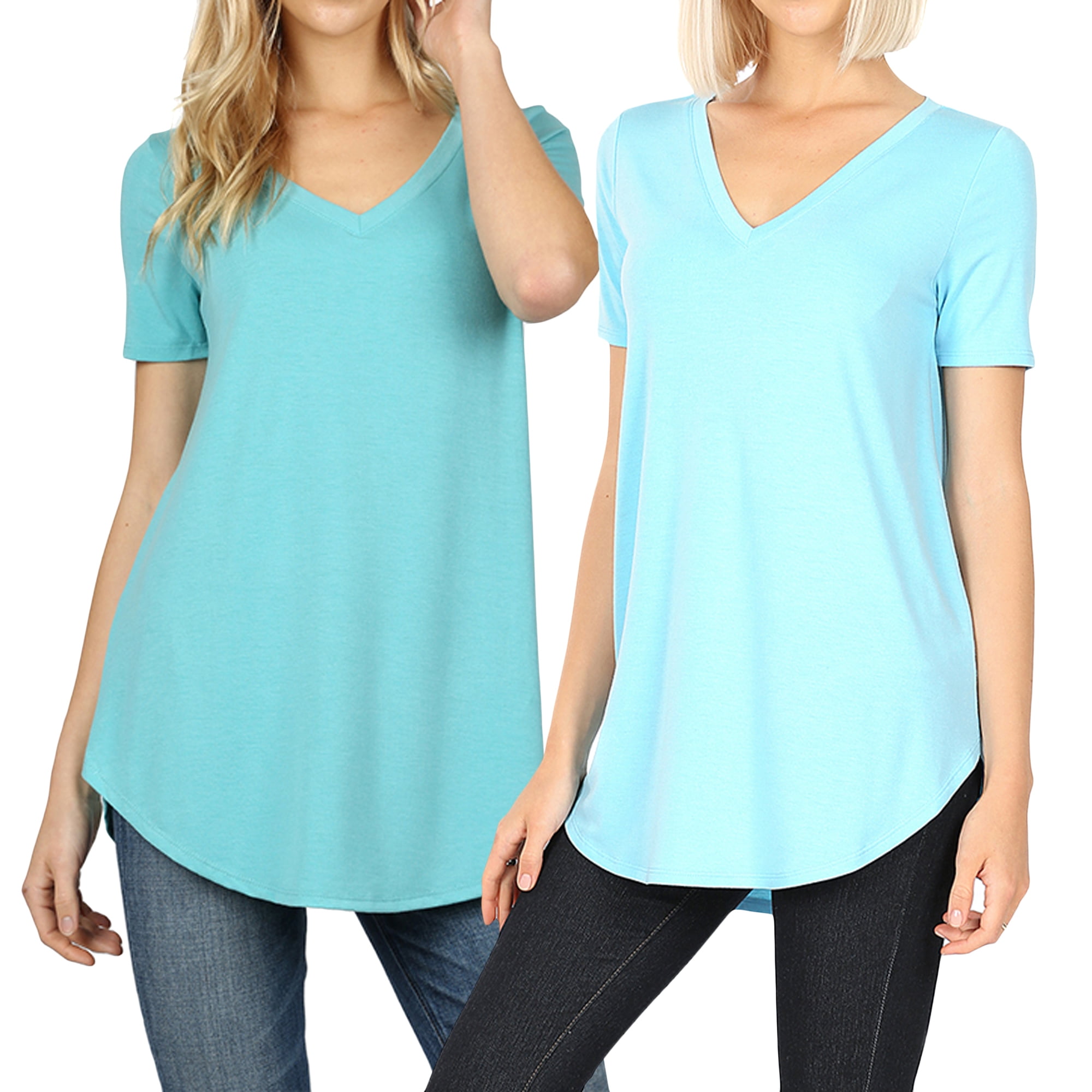 2 Packs Of Zenana Women And Plus Short Sleeve V Neck Round Hem Relaxed Fit Casual Tee Shirt Top 4175