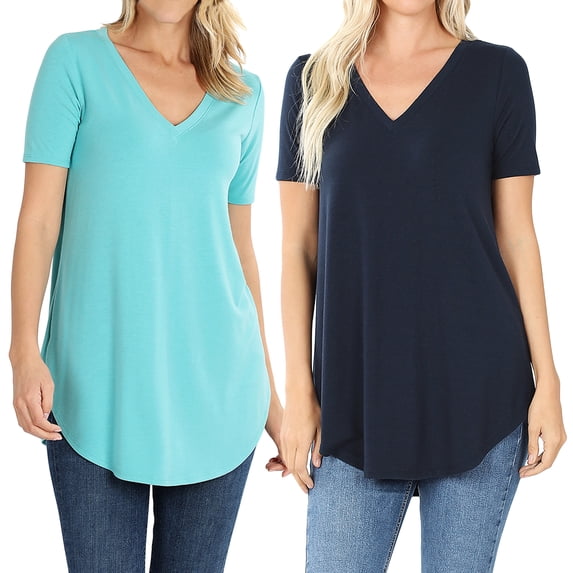 2 Packs of Zenana Women & Plus Short Sleeve V Neck Round Hem Relaxed Fit Casual Tee Shirt Top
