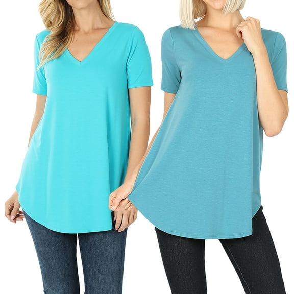 2 Packs of Zenana Women & Plus Short Sleeve V Neck Round Hem Relaxed Fit Casual Tee Shirt Top