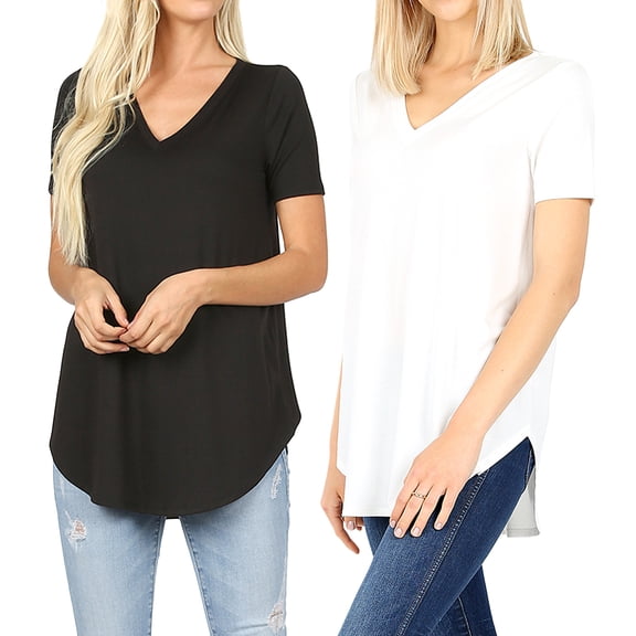 2 Packs of Zenana Women & Plus Short Sleeve V Neck Round Hem Relaxed Fit Casual Tee Shirt Top