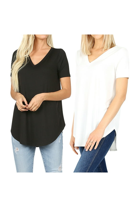 2 Packs of Zenana Women & Plus Short Sleeve V Neck Round Hem Relaxed Fit Casual Tee Shirt Top