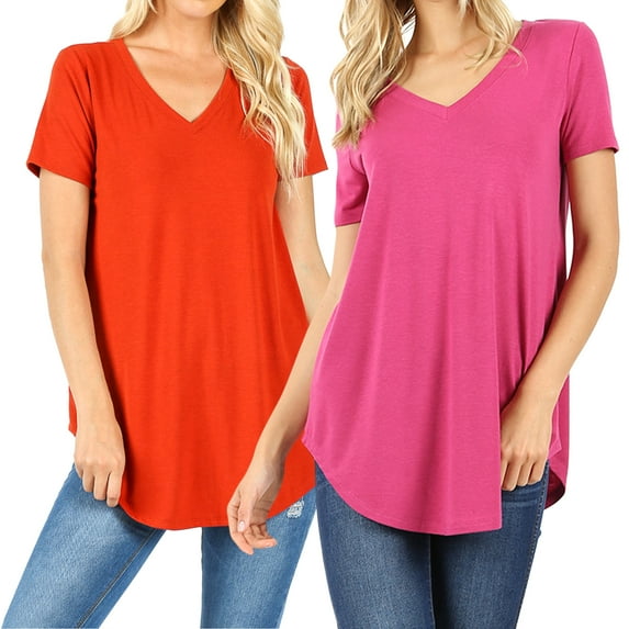 2 Packs of Zenana Women & Plus Short Sleeve V Neck Round Hem Relaxed Fit Casual Tee Shirt Top
