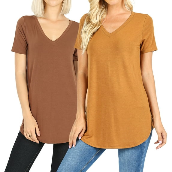 2 Packs of Zenana Women & Plus Short Sleeve V Neck Round Hem Relaxed Fit Casual Tee Shirt Top