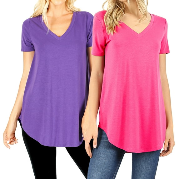 2 Packs of Zenana Women & Plus Short Sleeve V Neck Round Hem Relaxed Fit Casual Tee Shirt Top