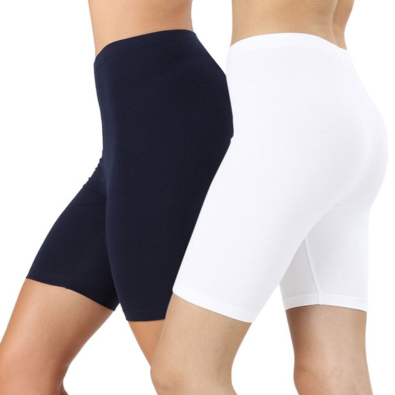 2 Packs of Zenana Womens & Plus Soft Cotton Stretch Mid Thigh Length Fitness Sport Biker Shorts