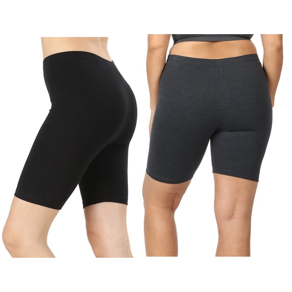 2 Packs of Zenana Womens & Plus Soft Cotton Stretch Mid Thigh Length Fitness Sport Biker Shorts