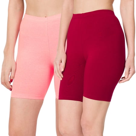 2 Packs of Zenana Womens & Plus Soft Cotton Stretch Mid Thigh Length Fitness Sport Biker Shorts