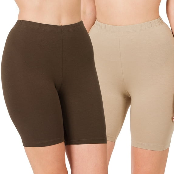 2 Packs of Zenana Womens & Plus Soft Cotton Stretch Mid Thigh Length Fitness Sport Biker Shorts