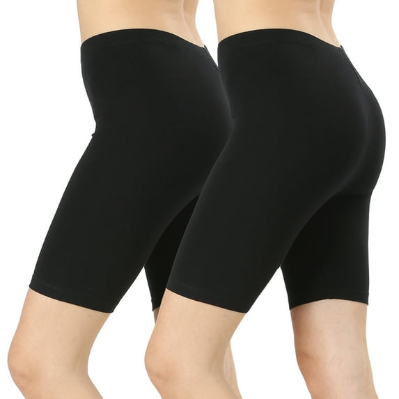 2 Packs of Zenana Womens & Plus Soft Cotton Stretch Mid Thigh Length Fitness Sport Biker Shorts