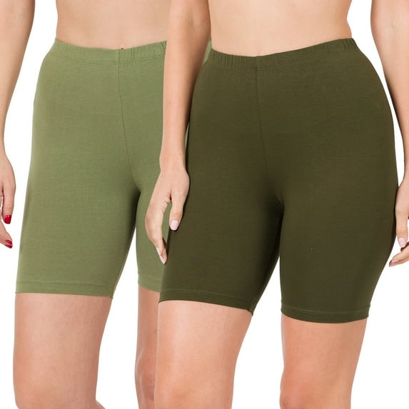 2 Packs of Zenana Womens & Plus Soft Cotton Stretch Mid Thigh Length Fitness Sport Biker Shorts