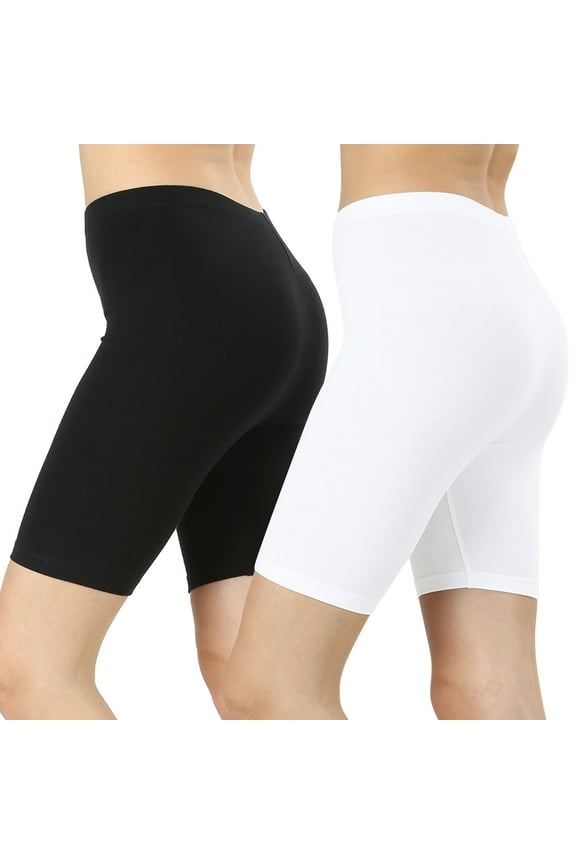 2 Packs of Zenana Womens & Plus Soft Cotton Stretch Mid Thigh Length Fitness Sport Biker Shorts