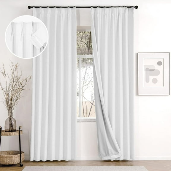 2 Pages Pinch Pleated Curtains Blackout 84 inch Long, Heavy Duty Linen Blend Black Out White Curtains for Bedroom Living Room Darkening Thermal Back Tab Window Curtains Drapes with Hooks