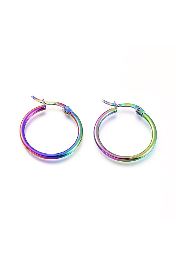 2 Pair 201 Stainless Steel Hoop Earrings with 304 Stainless Steel Pin Hypoallergenic Earrings Ring Shape Rainbow Color 25x2mm 12 Gauge Pin: 0.7x1mm