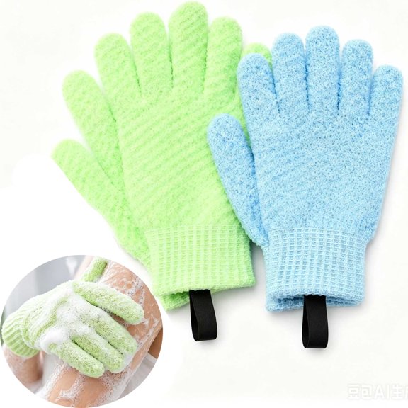 2 Pair-3D Textured Exfoliating Bath Gloves - Five Finger Nylon Shower Mitts for Deep Body Scrub with Hanging Loop