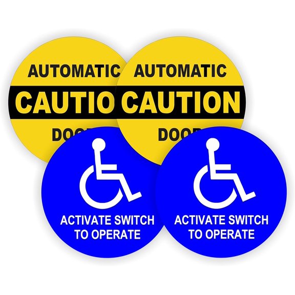 (2-Pair) 5-inch Round CAUTION AUTOMATIC DOOR - ACTIVATE SWITCH TO OPERATE Decals | Weatherproof Vinyl Stickers | Glass Entry Labels Small Business Office Handicap Entrance Exit Compliance$$Tools