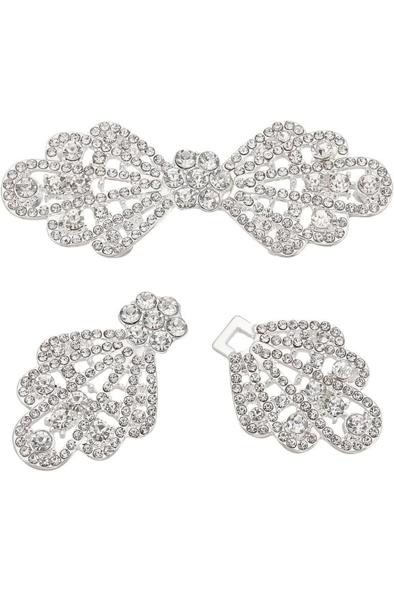 2 Pair Alloy Rhinestone Cloak Clasp Fasteners 65mm/2.5 inch Silver Bowknot Interlocking Belt Buckle for Sweaters Dresses Scarves Cardigan Shirts Jackets Silver DIY