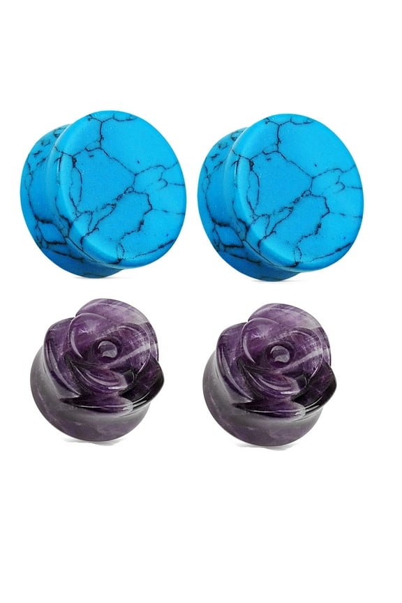 2 Pair Amethyst Rose Turquoise Organic Stone Plugs Ear Gauges - size=2g (6 mm)
