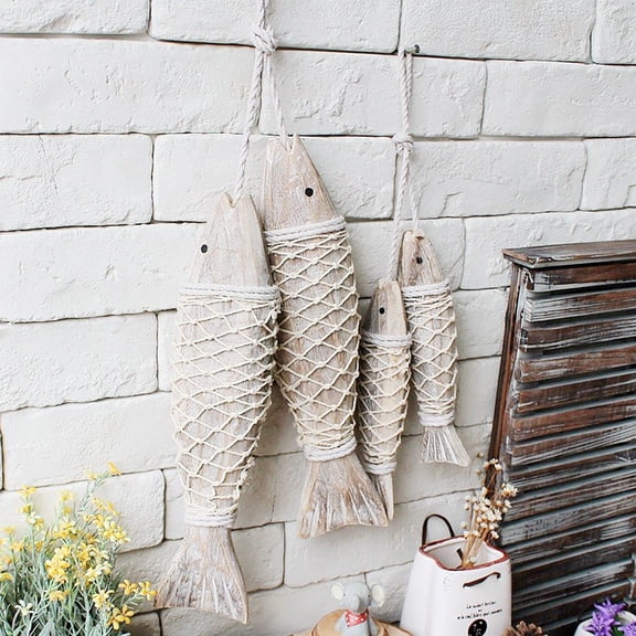 2 Pair Antique Decorative Fish String Wooden Mediterranean Fish Fish Carving Antique Home Decoration Ornament Wall Hanging Wooden Fish Decorations for Home Nautical Theme