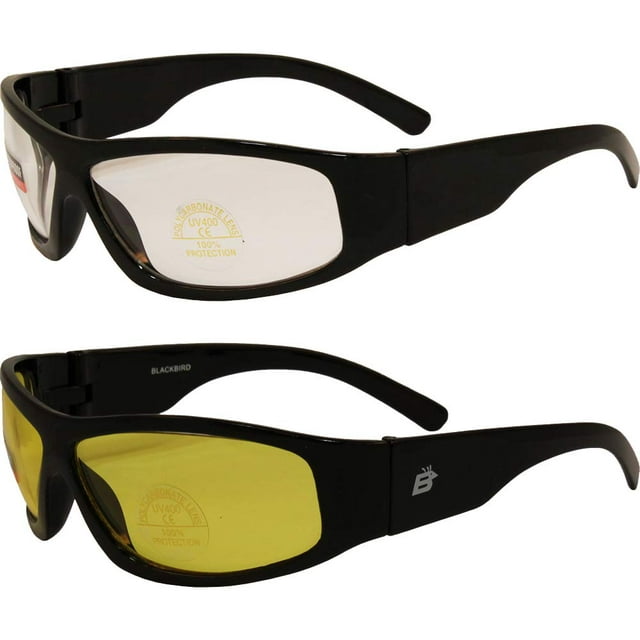 2 Pair Blackbird Sport Motorcycle Riding Sunglasses Black Frames 1 with Clear Lens 1 with Yellow Lens