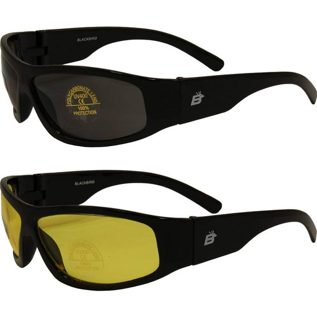 2 Pair Blackbird Sport Motorcycle Riding Sunglasses Black Frames 1 with Smoke Lens 1 with Yellow Lens