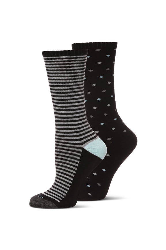 Wellfit 2 Pair Diabetic Dots/Stripes Half Cushion Crew Socks, 9-11, Black