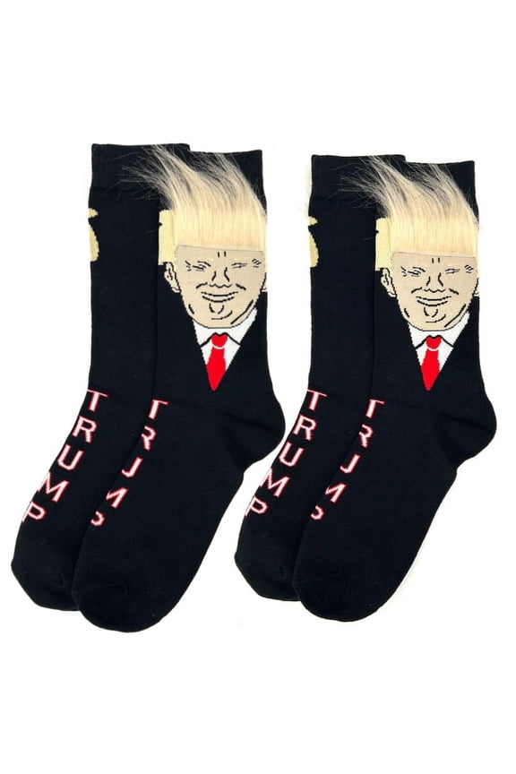 (2-Pair) Donald Trump Novelty Socks with Fuzzy Hair – Patriotic Red White Blue Crew Socks