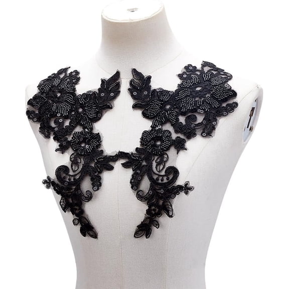 2 Pair Embroidery Lace Flower Appliques Black Lace Floral Patch Mirror Pair Lace Applique Sewing Craft Decoration Appliques for Wedding Dress Gown Bodice Costume Clothing Craft for DIY