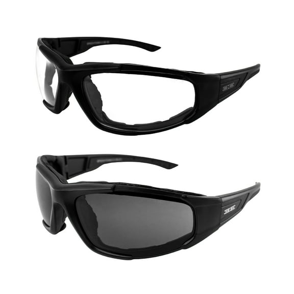 Epoch Eyewear Foam 2 Padded Motorcycle Sunglasses 2 Pair Black Frames w/Smoke & Clear Lenses