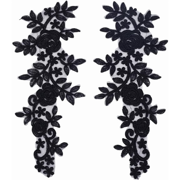 2 Pair Flower Embroidery Lace Applique Black Polyester Floral Patch Mirror Pair Lace Applique Sewing Craft Decoration Appliques for Wedding Dress Gown Bodice Costume Clothing Craft for DIY
