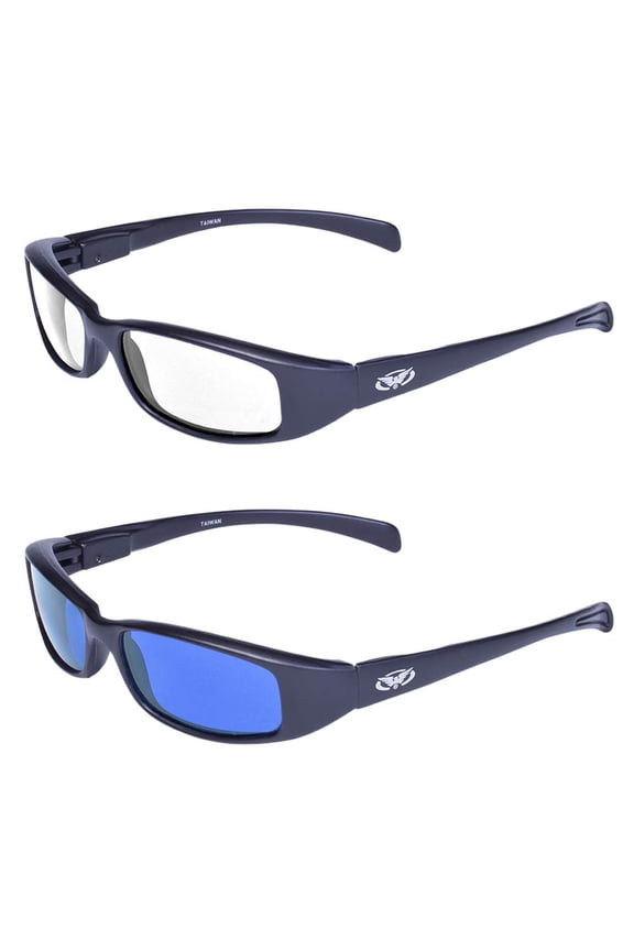 2 Pair Global Vision New Attitude Black Sport Motorcycle Riding Sunglasses 1 with Blue Lens and 1 with Clear Lens