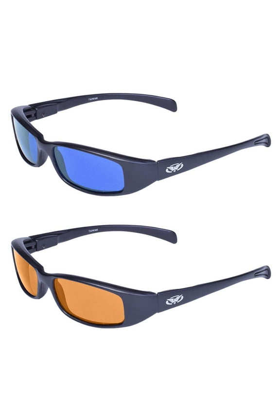 2 Pair Global Vision New Attitude Black Sport Motorcycle Riding Sunglasses 1 with Blue Lens and 1 with Orange Lens