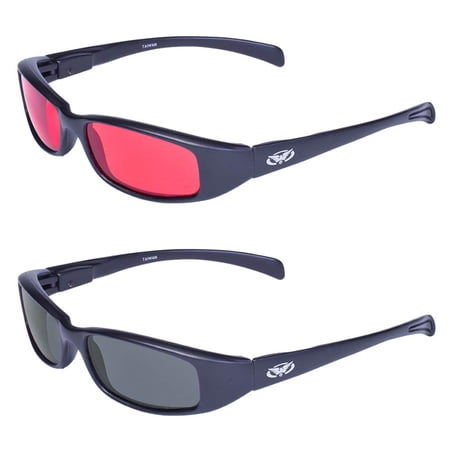2 Pair Global Vision New Attitude Black Sport Motorcycle Riding Sunglasses 1 with Red Lens and 1 with Smoke Lens