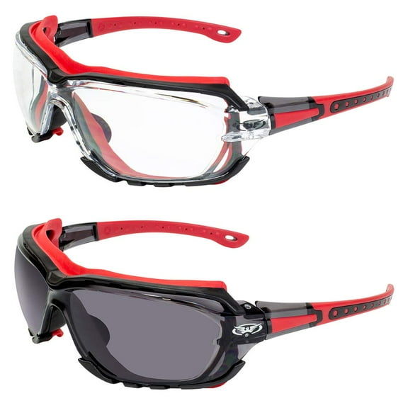 2 Pair Global Vision Octane Sport Motorcycle Riding Safety Glasses Red Gasket 1 with Clear Lens and 1 with Smoke Lens