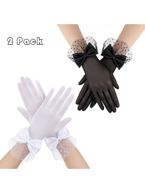 2 Pair Lace Black Tea Party Gloves for Women, Short Mesh Bridal Gloves for Tea Party Dinner Wedding Opera Evening Party