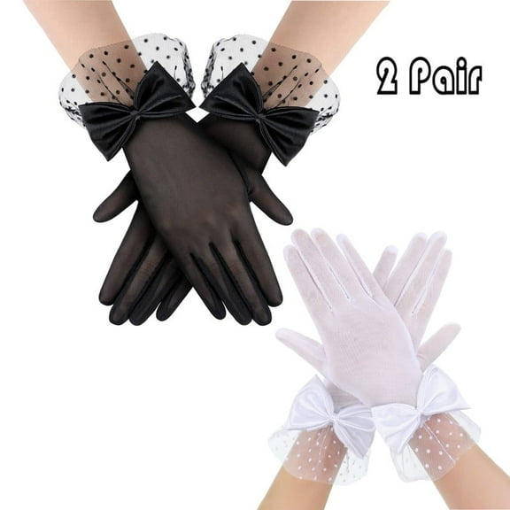2 Pair Lace Black Tea Party Gloves for Women, Short Mesh Bridal Gloves for Tea Party Dinner Wedding Opera Evening Party
