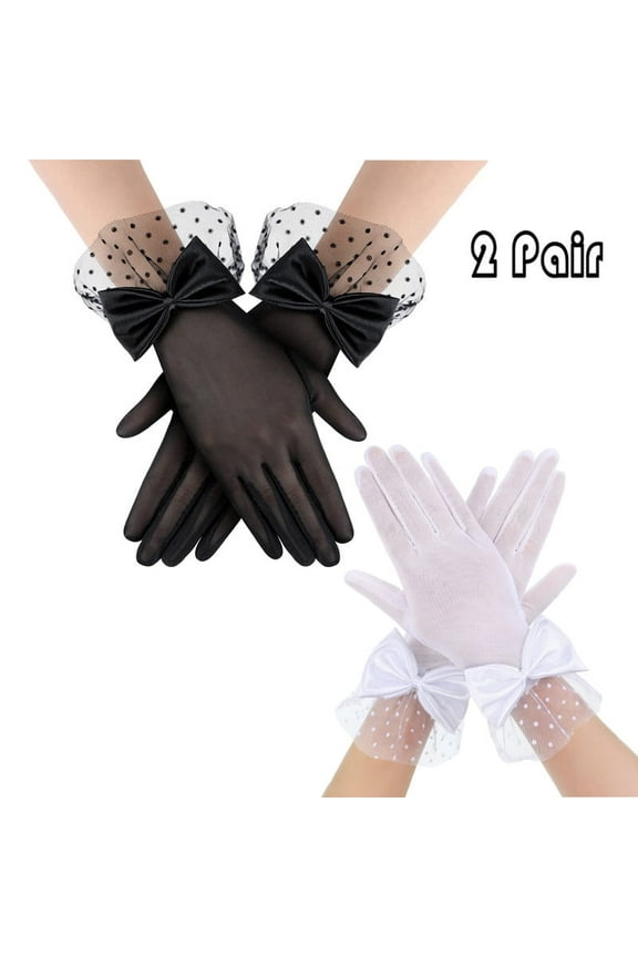 2 Pair Lace Black Tea Party Gloves for Women, Short Mesh Bridal Gloves for Tea Party Dinner Wedding Opera Evening Party