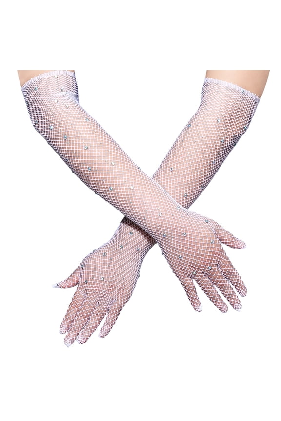 2 Pair Long Rhinestone Fishnet Gloves White Women Goth Punk Fish Net Arm Sleeves Elbow Length Mesh Sparkly Glitter Fashion Opera Gloves