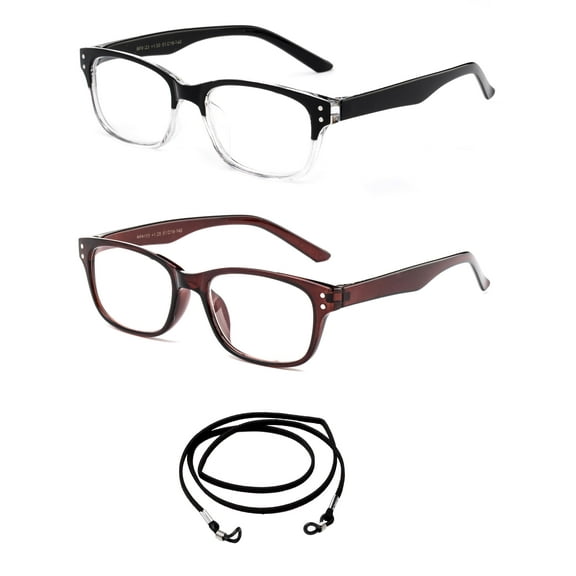 2 Pair Newbee Fashion - "Wynn" Slim Fit Vintage Style Two Tone Reading Glasses,1 Black Clear & 1 Brown +2.50