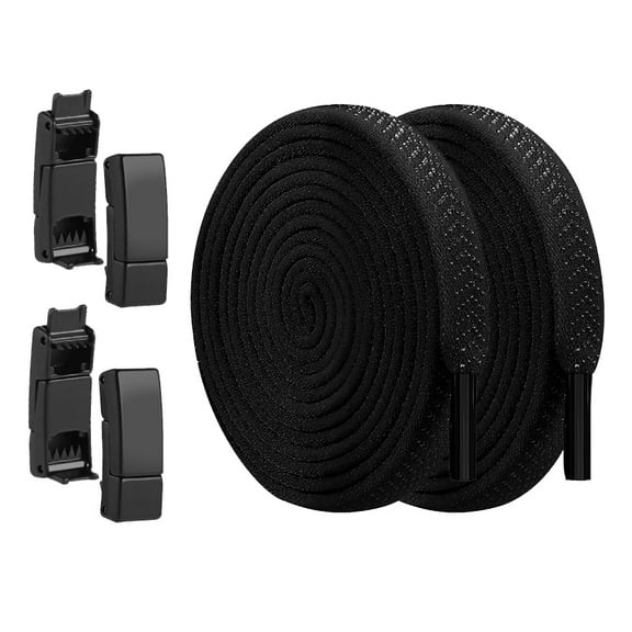 2 Pair No Tie Elastic Flat Shoe laces with Magnetic Metal Silver Buckle for Adults Kids Sneakers Casual Hiking walking Running Shoes Boots(Black)