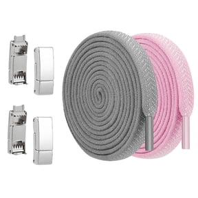 2 Pair No Tie Elastic Flat Shoe laces with Magnetic Metal Silver Buckle for Adults Kids Sneakers Casual Hiking walking Running Shoes Boots(Gray Pink)