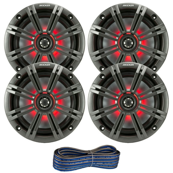 2 Pair (QTY 4) of Kicker 6.5" 2-Way 195 Watts Max Power Coaxial Marine Audio MultiColor LED Speakers with Charcoal Grilles, 50 Feet 16-Gauge Speaker Wire