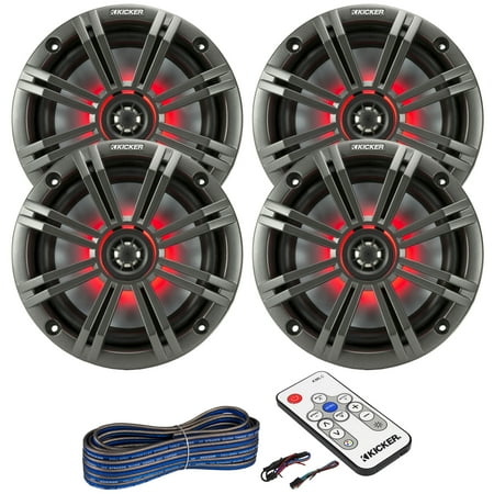 2 Pair (Qty 4) of Kicker 6.5" 2-Way 195 Watts Max Power Coaxial Marine Audio Multicolor LED Speakers with Charcoal Grilles, LED Speaker Remote Control, 50-Feet 16 Gauge Speaker Wire