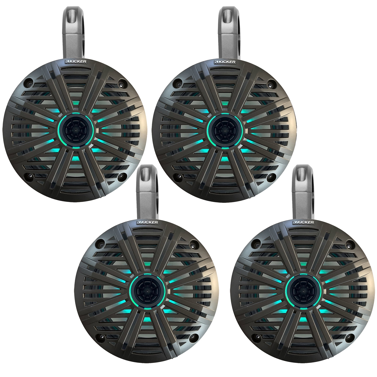 2 Pair (QTY 4) of Kicker 6.5" 2-Way 195 Watts Max Power Coaxial Marine Audio MultiColor LED Speakers with Charcoal Salt Water Grilles, 6.5" Marine Tower Speaker Enclosures (2 Pair) - Black